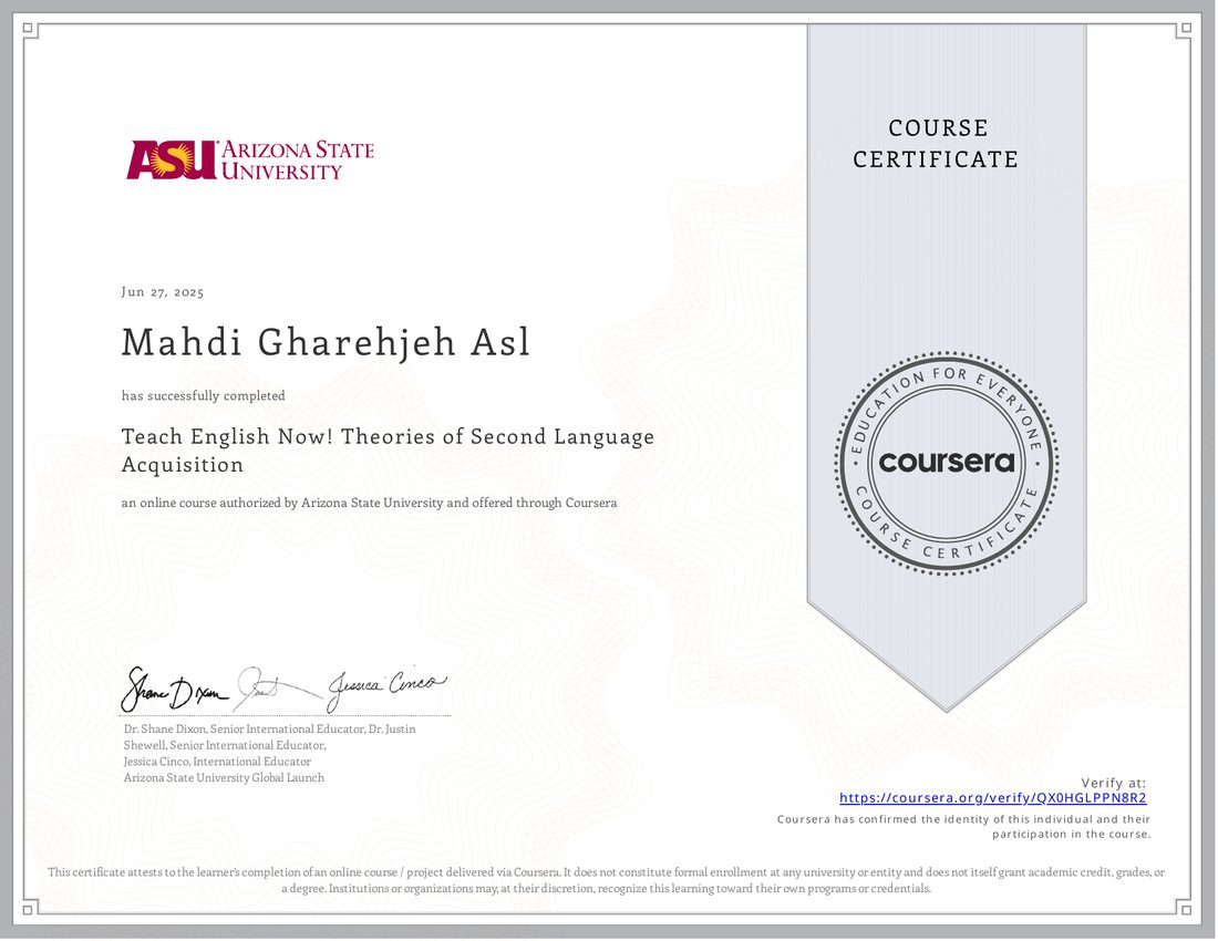 Teach English Now! Theories of Second Language Acquisition certificate — Arizona State University via Coursera